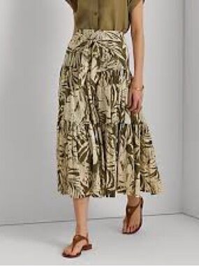Polo by Ralph Lauren Olive and Cream Leaf-Print Tiered Midi Skirt with Tie Waist